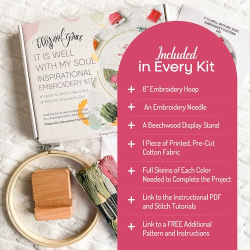 Elly & Grace Christian Embroidery Kit with Embroidery Hoop, Easy Embroidery Kit for Beginners and Adults, Full Embroidery Hoop Kit with Needles and Thread Included (It is Well) - style: It is Well