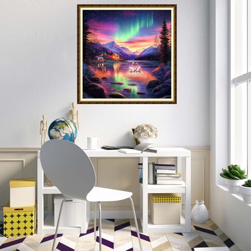 Redxing Counted Cross Stitch Kit for Beginners,Unprinted Needlepoint Kits for Beginners Cross Stitching Embroidery Kit 11CT Stitches kit-Swan Lake Aurora 18x18 inch - color: KitColors03