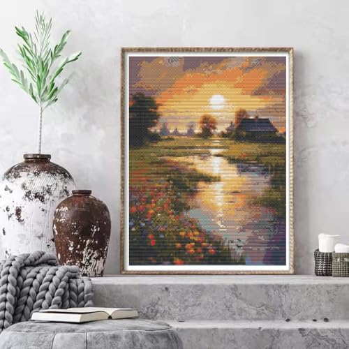 Eiazuiks Stamping Cross Stitch Kit, Sunset Counting Cross Stitch Kit for Adult Beginners, Full Line DIYStitching Kit for Home Decor Cross Stitch Patterns 12x16 inches - color: AKW084