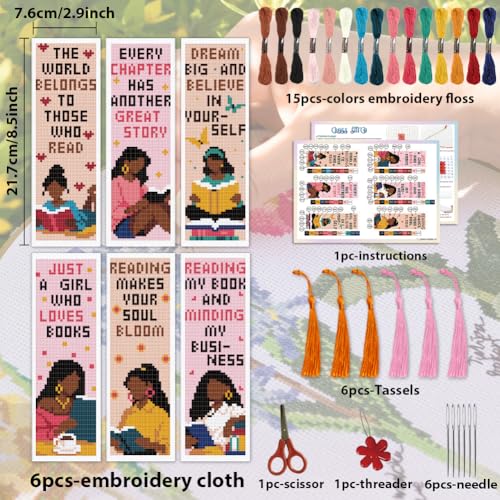 ACRNIGHEET 6PCS Cross Stitch Bookmark Kit for Beginner Women Reading Stamped Cross Stitch Kits Needlepoint Kit for Adults DIY Tassel Embroidery Bookmark Kits with Instructions Craft Gift 8.5"x3" 11CT - style: Women Reading with Tassel