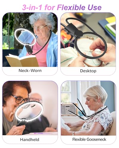 Hands Free Magnifying Glass with Light, 5X 15X Lighted Neck Magnifier for Craft Cross Stitch Needlepoint Needlework Sewing Embroidery Reading, Magnifying Glasses for Close Work, Low Vision Seniors