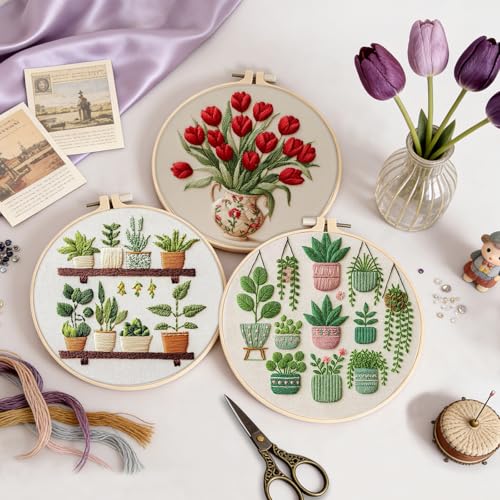 3 Pack Embroidery Kit for Adult Beginners, Needlepoint Cross Stitch Kits with Flower and Green Plant Stamped Patterns, Embroidery Hoop, Tools,Colorful Threads,Step by Step Instructions,DIY Starter Kit - color: Embroidery Kit-A