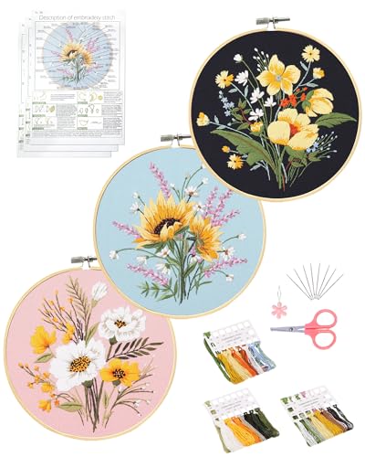 Santune 3 Pack Flower Embroidery Kit for Beginners Adults Cross Stitch Needlepoint Kits Hand Craft with Plant Patterns,3 Instructions,1 Hoop,Threads and 6 Needles - color: Tricolor Blooms