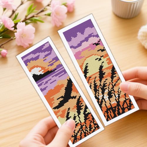 ORIGACH 6 Set Sunset Mountain Silhouette Cross Stitch Bookmark Kit - style: Sunset Landscape