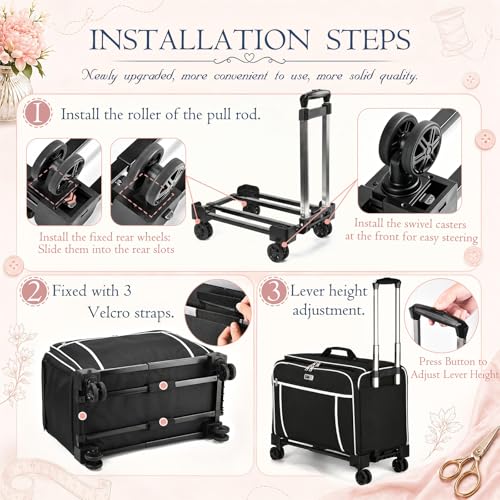 CAB55 XXL 23-Inch Rolling Sewing Machine Case with 4 Wheels, Extra Large Carrying Case for Professional Embroidery and Heavy Duty Sewing Machines with Bottom Support Board (Black) - color: Black