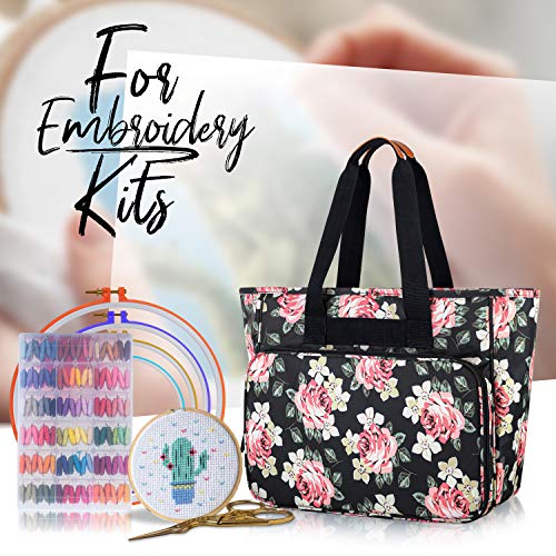 Yarwo Embroidery Project Bag with Multi Pockets for Cross Stitch Supplies - color: Black Peony
