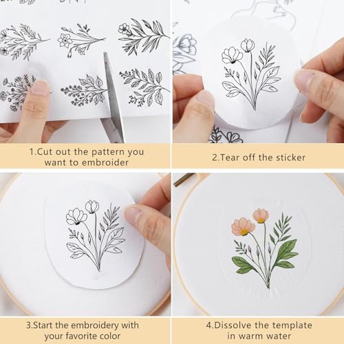 Water Soluble Embroidery Patterns Stabilizers, 6 Sheets 85 Pcs Floral Stick and Stitch Embroider Paper Wash Away, Pre-Printed Flower Daisy Transfer Paper Gifts for Hand Sewing Lovers Beginners - size: Flower B