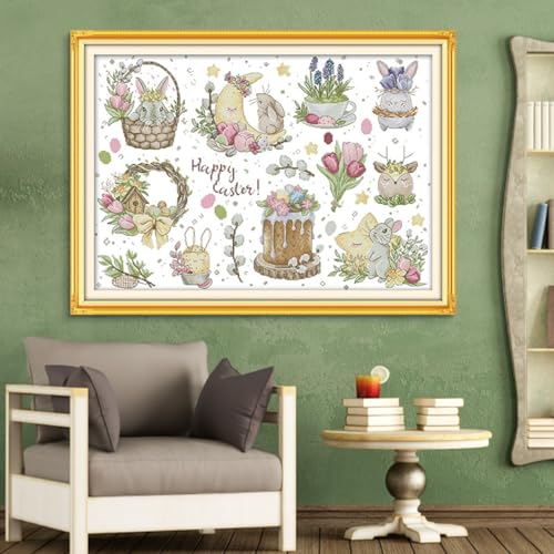 Rosyfoxes Cross Stitch Kits Stamped Full Range of Embroidery Starter Kits for Beginners DIY 14CT 2 Strands - Printed kit Easter Bunny (Printed) 22.8x16.9 inches - color: Easter bunny(printed)22.8x16.9inches