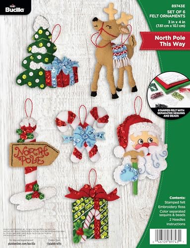 Bucilla, Felt Applique 6 Piece Ornament Making Kit, North Pole This Way, Perfect for DIY Arts and Crafts - style: Ornaments