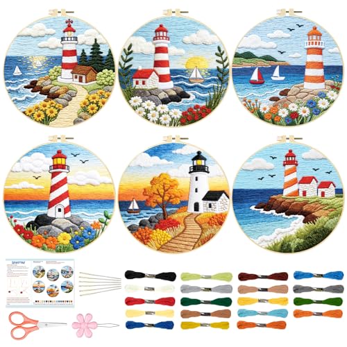 BEUNITONE 6 Set Beginner Embroidery Kit for Adults with Pre-Printed Washable Lighthouse Pattern, DIY Needlepoint Craft Kits for Cloth with Embroidery Hoop and Instruction, Funny Gifts for Home Decor - style: Lighthouse