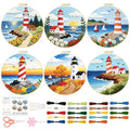 BEUNITONE 6 Set Beginner Embroidery Kit for Adults with Pre-Printed Washable Lighthouse Pattern, DIY Needlepoint Craft Kits for Cloth with Embroidery Hoop and Instruction, Funny Gifts for Home Decor - style: Lighthouse