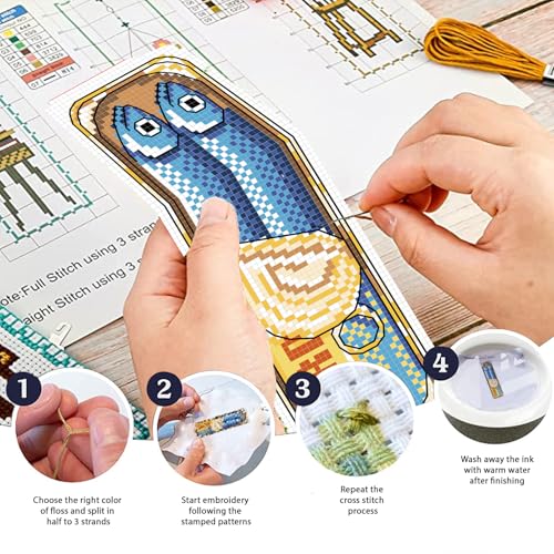 FREEBLOSS 6 Set Cross Stitch Bookmark Kit Canned Fish Patterns 8 * 2.4inch - style: Canned Fish
