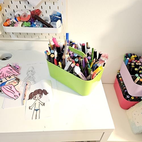 2 Pack Small 6 Compartment Multiuse Caddy Organizer with Handle Art Craft Supplies, Office, Desk, Stationery Pen Holder Stackable- Made In USA (Orange/Green) - color: Orange / Green