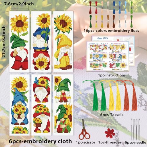 ACRNIGHEET 6PCS Cross Stitch Bookmark Kit for Beginner Gnome Stamped Cross Stitch Kits Needlepoint Kit for Adults DIY Tassel Embroidery Bookmark Kits with Instructions Craft Gift 8.5"x3" 11CT - style: Sunflowr Gnome with Tassel