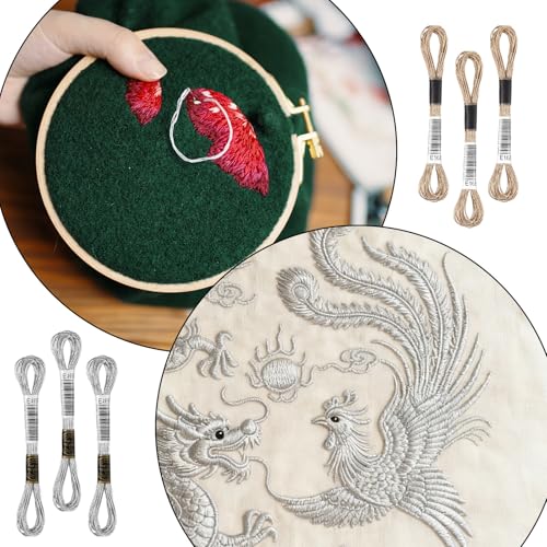 6 Skeins Metallic Embroidery Floss, Silver and Light Gold Metallic Thread for Embroidery, Friendship Bracelet String Cross Stitch Thread, Polyester Craft Yarn for Hand Embroiderys String Art DIY