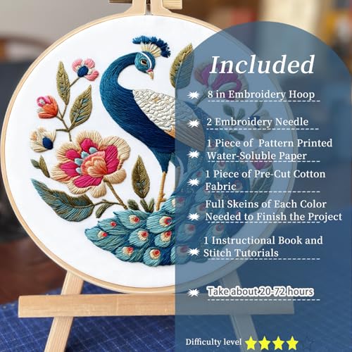 FONNUY Flower Peacock Embroidery Kit for Beginners, Cross Stitch Kits for Adults, Handmade Crafts with Printed Pattern Set, Color Thread Needlework, 8'' Hoop (Dignified Peacock) - color: Dignified Peacock