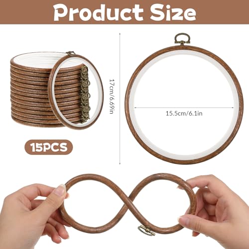 Oqqlin 15 Pcs Round Embroidery Hoops, 6 Inch Imitation Wood Cross Stitch Hoop Ring Round Rubber Embroidery Frame Hoop for Sewing, DIY Craft, Hanging Ornaments - size: 6 inch