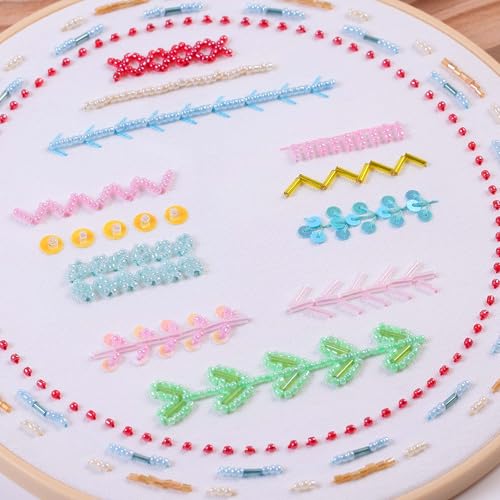 Harimau Bead Embroidery Starter Kit for Beginners (3 Sets) – Basic Flower Stitches, Includes Embroidery Hoop, Diagrams & Step-by-Step Video Tutorials – Gift for Craft Lovers - color: Red