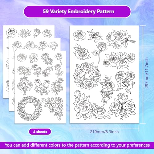 ORIGACH 4 Sheets Rose Floral Water Soluble Embroidery Patterns Stabilizers - Pre-Printed Blooming Rose & Floral Wreath Designs - Stick & Stitch Embroidery Paper for Hand Sewing Lovers - color: Rose