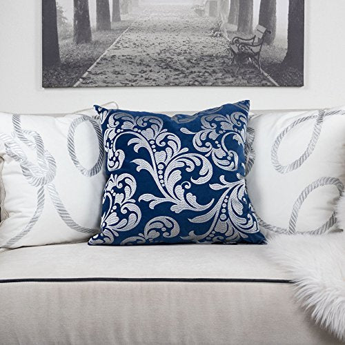 Embroidery Blue Velvet Throw Pillow Cover, Merry Christmas Series Silver Floral Luxury Soft Fuzzy Cozy Warm Slik Gift Square Couch Cushion Pillow Case 20 x 20 Inch, Cover Only - color: Silver Floral