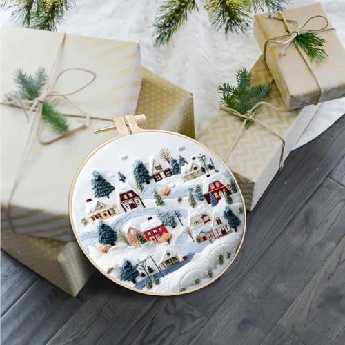 FONNUY Crewel Christmas Embroidery Kit for Beginners, Cross Stitch Set Winter Snow Scene Pine Owl Pattern for Adults, Easy to Follow Color Thread Needlework, 8'' Hoop (Snow Village) - style: Snow Village