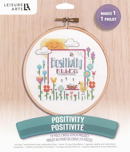 LEISURE ARTS Cross Stitch Kit 7in Positivity - Counted Cross Stitch Kit with Hoop, Floss, Aida Fabric and Needle - Sun Bird Design, Embroidery for Beginners