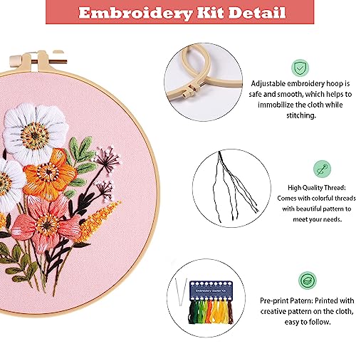 GLTAYLMY Embroidery Kit for Beginners Adults,3 Pack Cross Stitch Kits with 1 Plastic Embroidery Hoops,Needles and Color Threads,Needlepoint Kit for Hand Embroidery Starter - color: New Flower