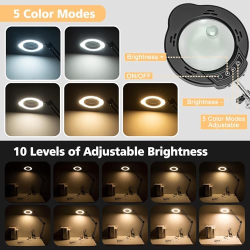 15X 10X Magnifying Glass with Light and Clamp, Magnifying Lamp