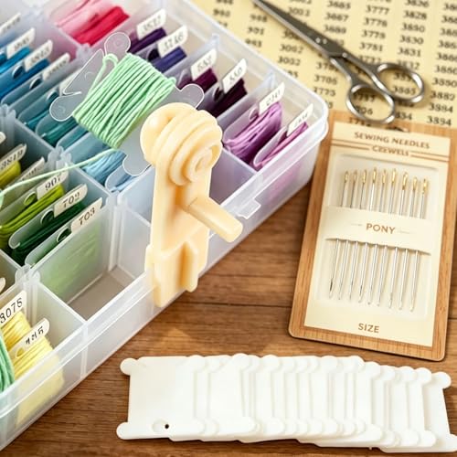Embroidery Floss Organizer, Cross Stitch Thread Storage Box with Removable 14 Compartments Embroidery Thread Organizer Includes 120 Plastic Bobbins, Stickers, Bobbin Winder for DIY Sewing Crafts