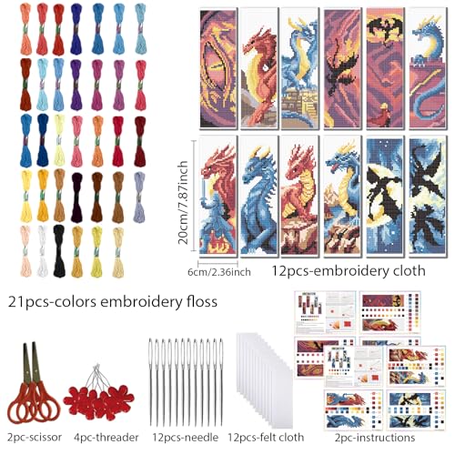 FREEBLOSS 12 Set Cross Stitch Bookmark Kit Dragon Legend 8"x 2.4" 11CT - style: Dragon Theme