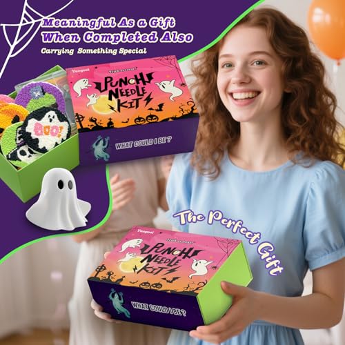 yuegool 6PCS Halloween Punch Needle Coasters Kit – Easy DIY Embroidery Kit for Beginners, Adults & Kids | Includes Patterns, Tools, Yarns, Hoop, Instructions, Coaster Holder - color: Enchanted Oddities, size: 4-inch diameter