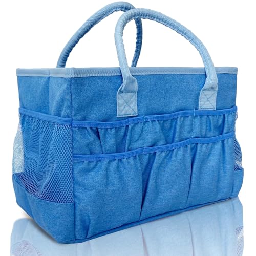 Cupohus Craft Organizer Tote Bag – Craft Caddy with 2 Mesh Side Pockets & Front Elastic Pockets, Foldable Large Capacity Supply Storage Bag for Sewing, Knitting, Painting, and Travel (Blue) - color: Blue