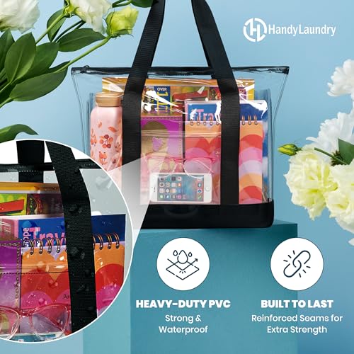 Handy Laundry Clear Tote Bag - Zipper Closure, Long Shoulder Strap, Fabric Trimming. - color: Black