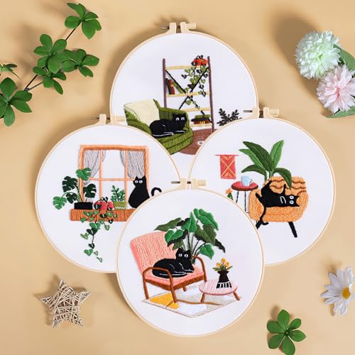4 Sets Black Cat Embroidery Kit for Beginners with Tool Set Cat Pattern - color: Black Cat