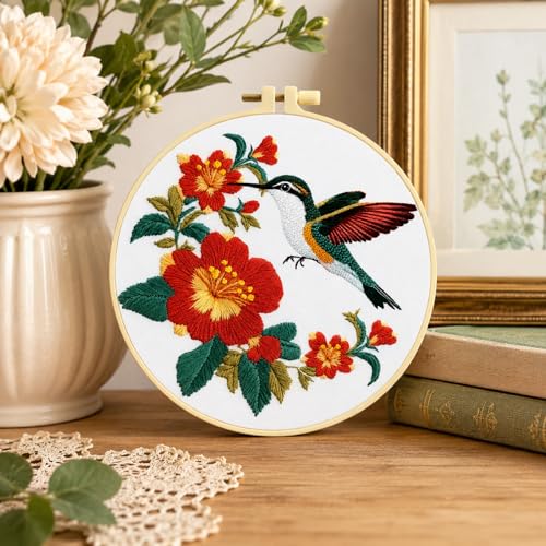 HRTHRT 3 Pack Embroidery Kit for Beginners, Hummingbird Floral DIY Set