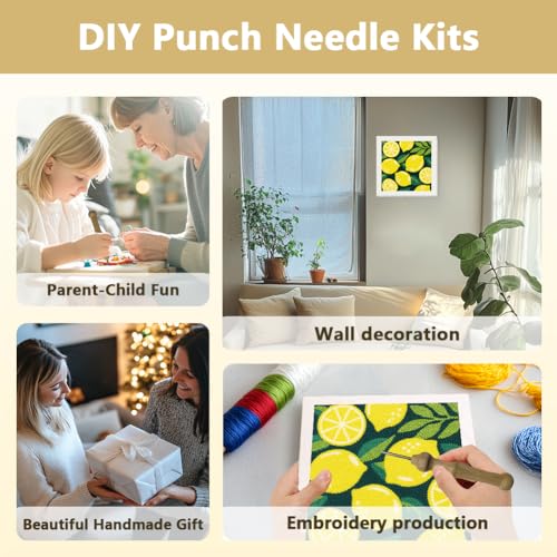 Doodlream Lemon DIY Punch Needle Embroidery Kit for Adult Beginner, 9.4" Lemon Punch Stitching Craft Set for Starter with Frame, Fabric Pattern, Threader, Yarn, Pinch Needle - color: Lemon