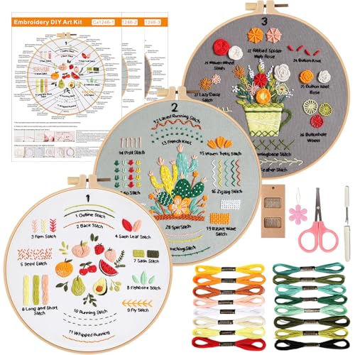 Herdiese Embroidery Kit for Beginners with 33-Stitch Practice Samplers - color: Flower-G (3 Pack)