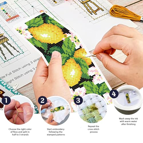 FREEBLOSS 6 Set Cross Stitch Bookmarks Kit Fruit&Flowers Stamped Cross Stitch Kit DIY Embroidery Bookmark Set with Instruction for Adults Beginners Gift for Reading Enthusiasts 8 * 2.4inch 11CT
