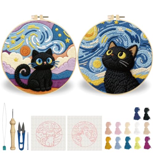BEUNITONE 2 Pcs Cat & Starry Sky Punch Needle Kits for Adults Beginner - color: 02-Cat and Sky