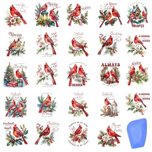 ZMRU 24 Sheets Vintage Christmas Rub On Transfers for Crafts, Rub On Transfers Christmas for Wood，Furniture Decals, Glass, Porcelain, Leather, Canvas, Fabric Projects,3 * 3inch(Cardinal Christmas) - color: Cardinal Christmas