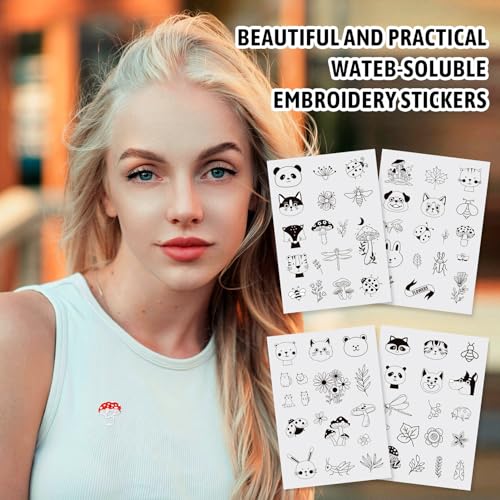 Magibeads 68 Patterns Animal Mushroom Water-Soluble Embroidery Dog Cat Flower Ladybug Dragonfly Stick and Stitch Embroidery Paper Starter Kit for Hand Sewing Beginners Adult - color: Animal & Plant