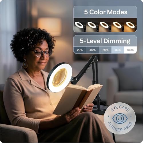 10X Magnifying Lamp - Desk Magnifying Glass with Light, Lighted Magnifying Glass with Stand, Magnifying Light, 5 Color Modes, 2 Mounting Options, USB Cable, Adapter & Magnetic Tray, Black - color: Black
