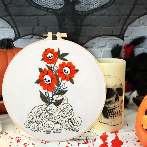 Crafmanoe Halloween Embroidery Starter Kit for Beginners Adults, Skull Flowers Stamped Cross Stitch Kits for Beginners Adults, Gothic Hand Embroidery Needlepoint Kits, Hoops, Fabric and Video Tutorial - color: H868
