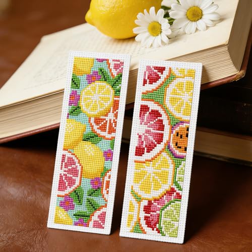 INFUNLY 6Pcs Lemon Cross Stitch Bookmark Kit 3x8.5 Inch/7.6x21.6cm Stamped Embroidery Starter Set with 20 Color Floss Cotton Linen DIY Needlepoint Bookmark for Book Lovers Gift, Colorful - style: Lemon