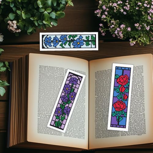 INFUNLY 6 Set Rose Window Cross Stitch Bookmark Kits for Beginners DIY Red Rose Embroidery Bookmark Kits with Instructions Flower Window Pre-Printed Bookmark Kit for Book Lovers Readers Women Gifts - style: Rose Window
