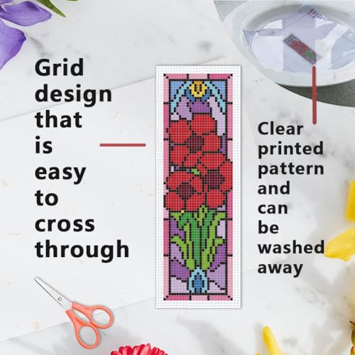 INFUNLY 6PCS/Set Pixel Flowers Cross Stitch Bookmark Kit 2.99x8.54 Retro Floral Window Handmade Cross Stitch Bookmarks DIY Embroidery Bookmarks for Readers with Instruction for Starter Book Lovers - style: Pixel Flowers