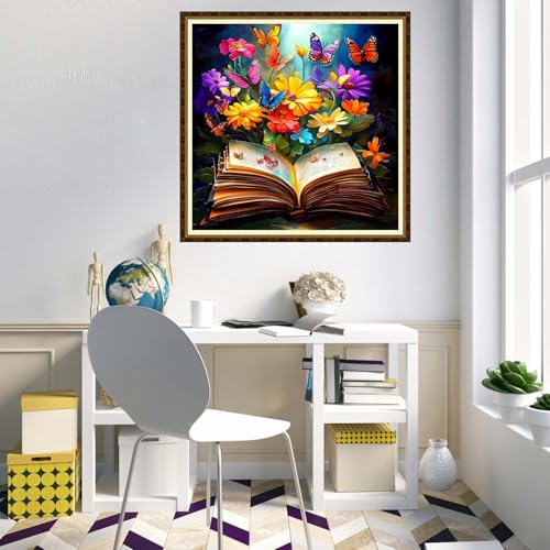 Redxing Counted Cross Stitch Kit for Beginners,Unprinted Needlepoint Kits for Beginners Cross Stitching Embroidery Kit 11CT Stitches kit-Butterfly Flower Book 18x18 inch - color: KitColors20