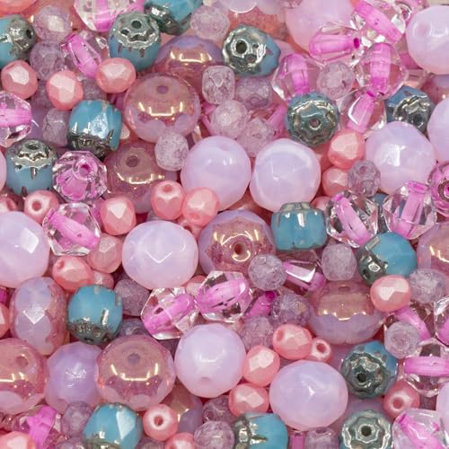 0.9 oz (25g) Mix of Faceted Fire Polished Czech Glass Beads (Round, Rondelle etc) 4-10mm, Cold Pink - color: Pink Mix MIX07