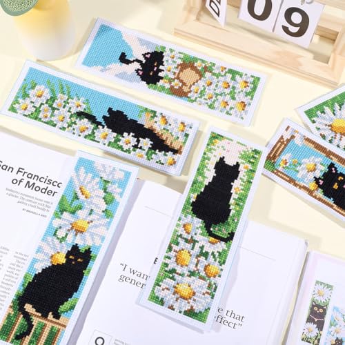 ORIGACH 6 Set Cat & Daisy Cross Stitch Bookmark Kit for Beginner - style: Cat and Daisy