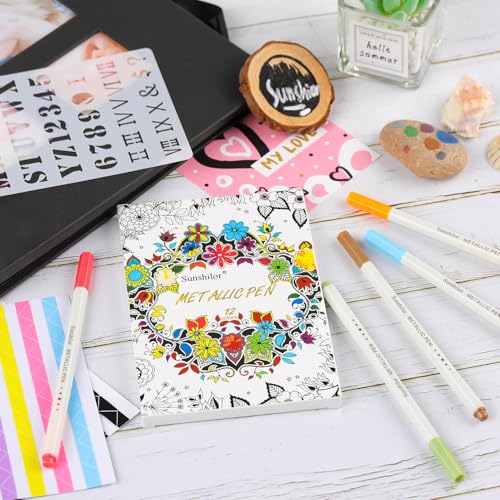 Sunshilor Metallic Markers Fine Point Metallic Marker Pens for Black Paper, Rock Painting, Easter Egg, Halloween Pumpkin, Card Making, Metal, Ceramic, Wine Glass, Set of 12